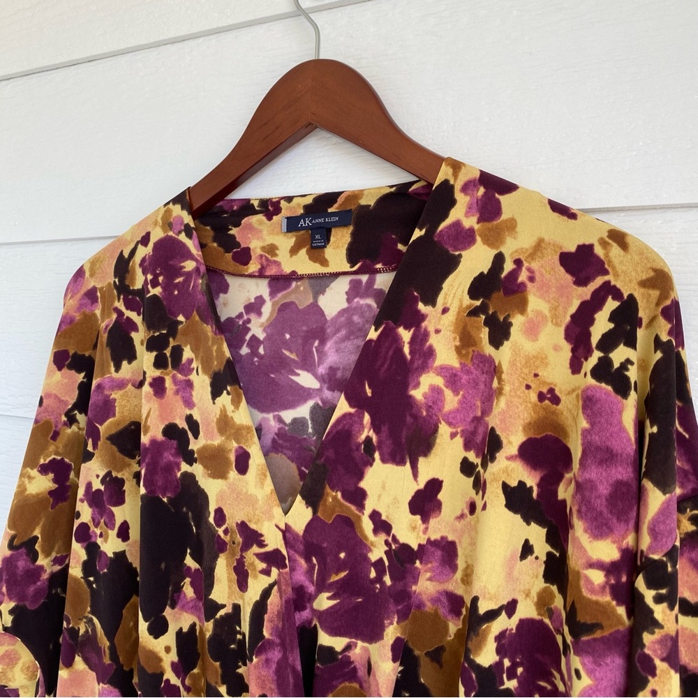 ANNE KLEIN Long-Sleeve V-Neck Burgundy Plum Gold Women’s Blouse Size XL - Picture 7 of 11
